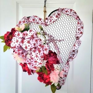 Large handmade love wreath on chicken wire heart frame